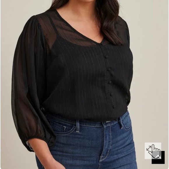 Torrid Black Chiffon Lurex Button-Up Blouse with Silver Metallic Size 00 Medium - Picture 7 of 11